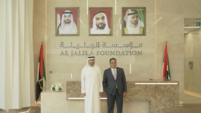 Moafaq Al Gaddah, right, pledged Dh10 million to Al Jalila Foundation for the Hamdan bin Rashid Cancer Charity Hospital. With him is Dr Abdulkareem Al Olama, chief executive of Al Jalila Foundation. Photo: Dubai Media Office