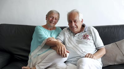 John Felton and his wife Heinke Felton at their apartment at the Cayan Tower in Dubai Marina. Pawan Singh / The National