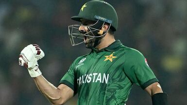 Pakistan's Sahibzada Farhan celebrates his century against Sri Lanka at the T20 World Cup in Pallekele. AFP
