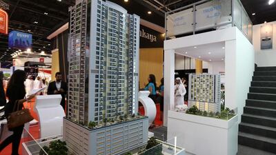 A model of Sahara Tower 4 and 5 towers on display at the Al Thuriah stand. Pawan Singh / The National