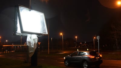 An advertising display damaged during Storm Eowyn in Finglas, Dublin. PA