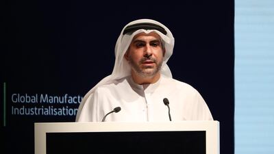 Badr Al Olama, head of Mubadala’s UAE clusters and of the GMIS Organising Committee, speaking at the opening ceremony of the Global Manufacturing and Industrialisation Summit in Dubai. Pawan Singh / The National