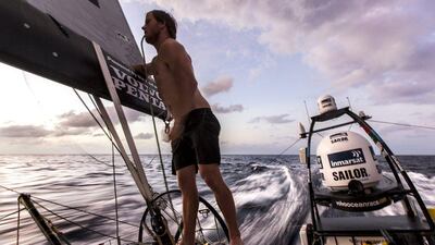The Team Vestas Wind boat sails through the doldrums of the Atlantic during the first leg of the 2014/15 Volvo Ocean Race. Brian Carlin / Team Vestas Wind / Volvo Ocean Race / October 21, 2014