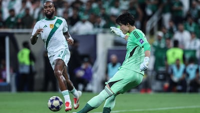 Machida Zelvia goalkeeper Kosei Tani kicks the ball. AFP