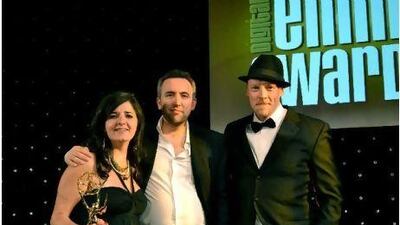 Katia Saleh, Chris Carey and Toni Oyry accept an Emmy Award for Shankaboot on Sunday in Cannes, France. The web series has proved to be popular with both youths and adults.
