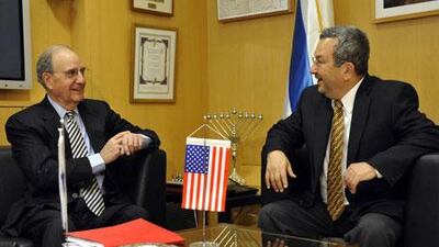 US special Middle East envoy, George Mitchell, left, with Israeli defence minister Ehud Barak in Tel Aviv.