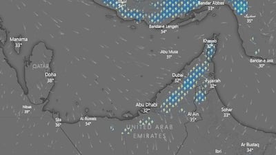 A screengrab from Thursday afternoon shows a band of rain sweeping across the UAE from the East. Courtesy Windy.com