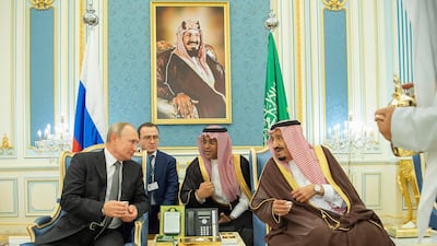 Saudi King Salman bin Abdulaziz, right, meets with Russian President Vladimir Putin, left, at the Saudi Royal palace in Riyadh, Saudi Arabia. EPA