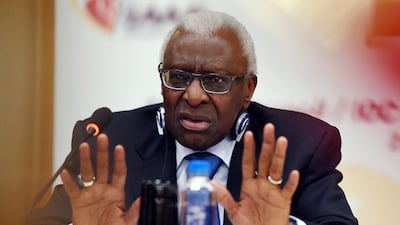 Lamine Diack shown at a press conference in Beijing in August. Greg Baker / AFP / August 21, 2015