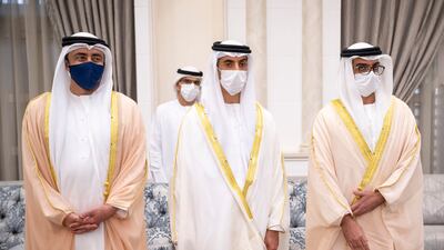 Sheikh Abdullah bin Zayed, Minister of Foreign Affairs and International Co-operation; Sheikh Khaled bin Zayed, Chairman of the board of Zayed Higher Organization for Humanitarian Care and Special Needs, and Sheikh Hamed bin Zayed, Managing Director of Abu Dhabi Investment Authority and Abu Dhabi Executive Council Member, attend an Eid Al Adha reception at Mushrif Palace.