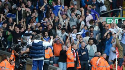 Chelsea manager Jose Mourinho runs down the touch line to the Chelsea fans after the second goal during the English Premier League soccer match between Liverpool and Chelsea played at Anfield, Liverpool, Britain, 27 April 2014. EPA/PETER POWELL