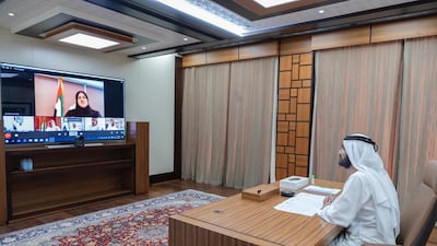 Sheikh Mohammed bin Rashid, Prime Minister and Ruler of Dubai, chairs a UAE Cabinet meeting on Tuesday. Courtesy Sheikh Mohammed bin Rashid Twitter