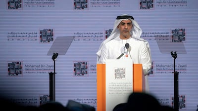 Sheikh Saif bin Zayed, Deputy Prime Minister and Minister of Interior, delivers a speech during the Mohamed Bin Zayed Majlis for Future Generations Summit in Abu Dhabi in October 2018. Hamad Al Kaabi / Crown Prince Court - Abu Dhabi