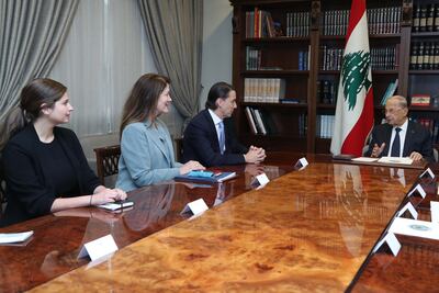 Lebanese President Michel Aoun, right, meets Amos Hochstein, the US envoy mediating the Lebanon-Israel maritime border talks, and US ambassador Dorothy Shea in Baabda. AFP