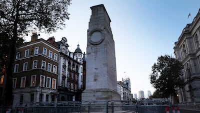The fenced-off Cenotaph war memorial at Whitehall in London. EPA