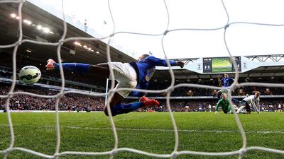 Jeffrey Schlupp of Leicester City fails in his attempt to clear the ball as he scores an own goal that gave Spurs their winning 4-3 margin on Saturday. Clive Rose / Getty Images