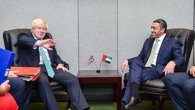 H.H. Sheikh Abdullah bin Zayed Al Nahyan, Minister of Foreign Affairs and International Cooperation, with Boris Johnson, British Foreign Minister. Wam