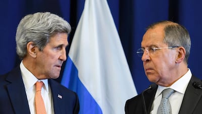 US Secretary of State John Kerry and Russian Foreign Minister Sergei Lavrov at a press conference following their meeting in Geneva to discuss Syria on September 9, 2016. Their ceasefire plan ultimately failed. Fabrice Coffrini / AFP