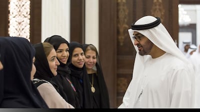 Sheikh Mohammed bin Zayed, Crown Prince of Abu Dhabi and Deputy Supreme Commander of the Armed Forces, greeted a member of the Emirates Association for Lawyers and Legal Consultants during an iftar reception held at Al Bateen Palace. Ryan Carter / Crown Prince Court - Abu Dhabi