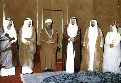 L-R: Sheikh Khalifa of Qatar, Kuwait Emir Sheikh Jaber, Oman's Sultan Qaboos, King Khalid of Saudi Arabia, Sheikh Zayed of the UAE and Sheikh Isa of Bahrain, at the first GCC summit in Abu Dhabi, 1981. Photo: National Archives