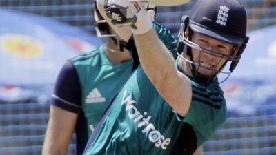 England cricket team captain Eoin Morgan bats during practice session in Mumbai, India. (AP Photo/Rajanish Kakade)