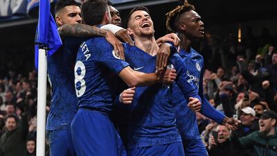 Jorginho (C) celebrates with teammates after the opening goal from the penalty spot. EPA