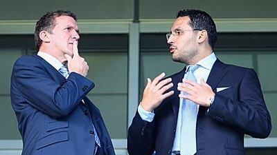 Manchester City chairman Khaldoon al Mubarak, right, and Garry Cook, the chief executive, left, will be monitoring the situation with Wayne Rooney at Manchester United.