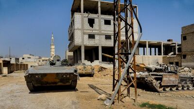 Syrian tanks in al-Muhamadyia town in Eastern Ghouta on March 6, 2018. EPA