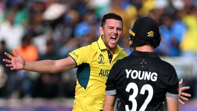 Australia's Josh Hazlewood celebrates after taking the wicket of New Zealand's Will Young. AFP
