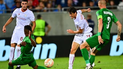 Roma forward Eldor Shomurodov shoots at goal. AFP