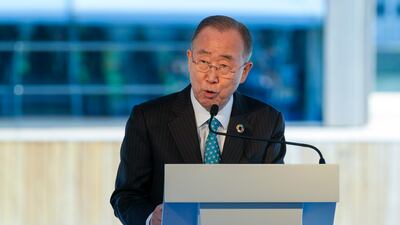 Former UN secretary general Ban Ki-moon addresses the high-level forum on climate adaptation in Rotterdam, the Netherlands, on Monday. AP