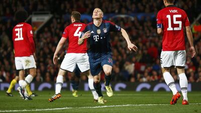 Bayern Munich player Bastian Schweinsteiger celebrates after scoring the equaliser in a 1-1 Champions League draw against Manchester United at Old Trafford on Tuesday night. Michael Dalder / Reuters / April 1, 2014