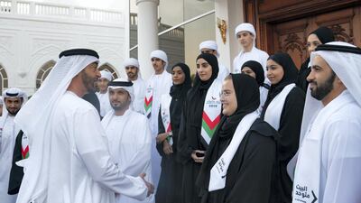 Sheikh Mohamed bin Zayed, Crown Prince of Abu Dhabi and Deputy Supreme Commander of the Armed Forces greets a member of Journey of the Union initiative, during a Sea Palace barza.