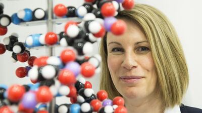 Dr Anna Middleton with a DNA helix model at the Wellcome Genome Campus in Cambridge, UK. Stephen Lock for the National