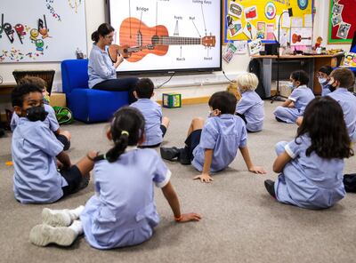Pupils during music class at British School Al Khubairat in Abu Dhabi. Victor Besa / The National