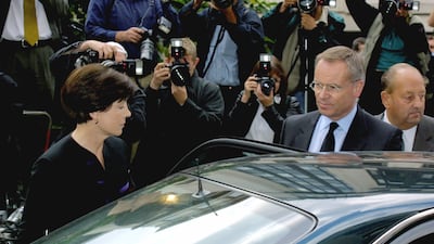 Archer and his wife leave The Old Bailey in London, where he was appearing on charges of perjury and perverting the course of justice in 1987. Getty Images