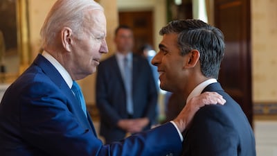 British Prime Minister Rishi Sunak, right, with US President Joe Biden at the White House in June. They will have their sixth meeting on Sunday, when Mr Biden visits Britain. Photo: No 10 Downing Street