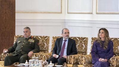 Queen Rania (R), and Ayman Safadi, Minister of Foreign Affairs of Jordan (C), attend a meeting with King Abdullah II, King of Jordan (not shown), during a reception at the Presidential Airport. Hamad Al Kaabi / Crown Prince Court - Abu Dhabi