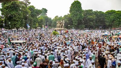 Muslim devotees gather at a rally organised by Bangladesh's National Ulema Mashaikh Parishad (NUMP) calling for the preservation of traditions of the Islamic group Tablighi Jamaat, near the Suhrawardy Udyan in Dhaka, Bangladesh. AFP
