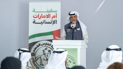 Operation Gallant Knight 3 spokesperson Mohammed Al Sharif speaks during the send-off of the UAE’s 13th humanitarian aid ship, Umm Al Emarat, at Khalifa Mina Port. Ahmed Ramzan / The National