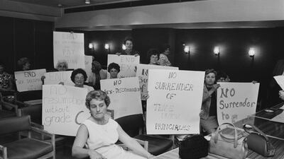 Striking women machinists from the Ford plant in Dagenham in June 1968. Ballard / Daily Express / Hulton Archive / Getty