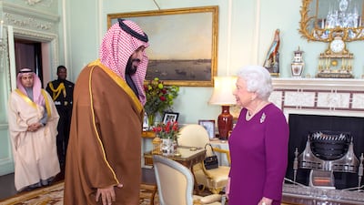 Queen Elizabeth II greets Mohammed bin Salman, the Crown Prince of Saudi Arabia, during a private audience at Buckingham Palace on March 7, 2018 in London. Photo: Getty Images