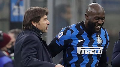 Inter Milan coach Antonio Conte congratulates Romelu Lukaku. AP