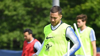 Chelsea's Eden Hazard attends a training session during a Chelsea media day at Chelsea's training ground in Cobham, south east of London. EPA