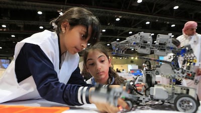 Shama Malik, left, and Farah Mohammed from Al Nahda National School for Girls at the final day of Robot Olympiad. Ravindranath K / The National