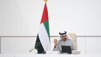 President Sheikh Mohamed chairs a meeting of the Adnoc board of directors at the UAE Pavilion during Expo 2020 Dubai in December, when a five-year, Dh466 billion business plan was approved. Ministry of Presidential Affairs