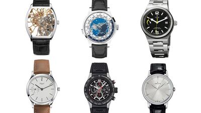 PETITE AIGUILLE - The 'little hand' award is limited to watches that retail for less than US$8,500. The focus is on watches that offer a lot of value, which can come in a lot of different forms. Clockwise from top left: Claude Meylan Lac Tortue de Joux, Montblanc Heritage Spirit Orbis Terrarum, Tudor North Flag, Zenith Elite 6150, TAG Heuer Carrera Calibre Heuer 01 Chronograph and Habring2 Felix. Courtesy GPHG