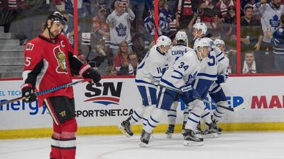 Ottawa Senators defenceman Erik Karlsson reacts following a second goal scored by Toronto Maple Leafs centre Auston Matthews (34). Marc DesRosiers / USA Today