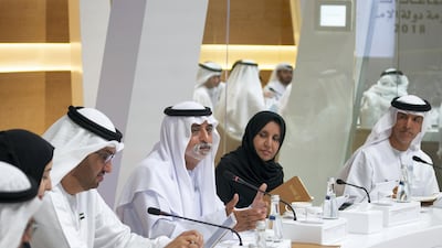 Sheikh Nahyan bin Mubarak, UAE Minister of State for Tolerance (C), participates in the UAE Government Annual Meeting at the St Regis Saadiyat. Seen with Dr Sultan Al Jaber, UAE Minister of State, Chairman of Masdar and CEO of Adnoc Group (L), Dr Maitha Salem Al Shamsi, UAE Minister of State (2nd R), and Dr Mugheer Al Khaili, Chairman of the Department of Community Development and Abu Dhabi Executive Council Member (R). Ryan Carter / Ministry of Presidential Affairs