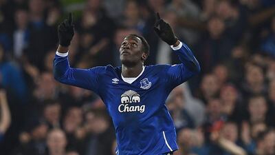 Everton's Romelu Lukaku celebrates after scoring his second goal against Chelsea in an FA Cup quarter-final victory on Saturday. Paul Ellis / AFP / March 12, 2016